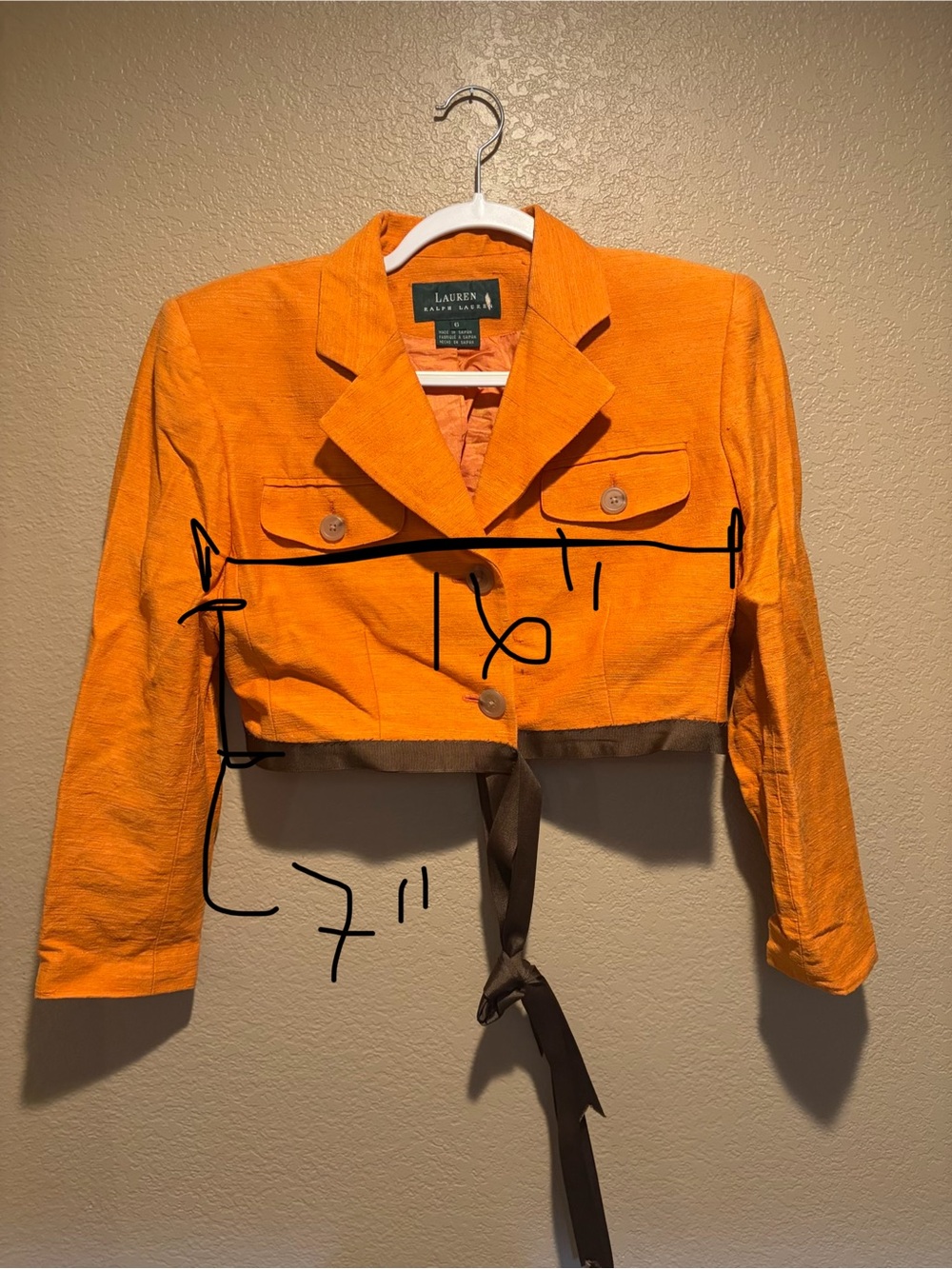 Ralph Lauren Vintage Deep Orange Fall Cropped Blazer with Brown Tie Trim -Sz 6 - Picture 8 of 8